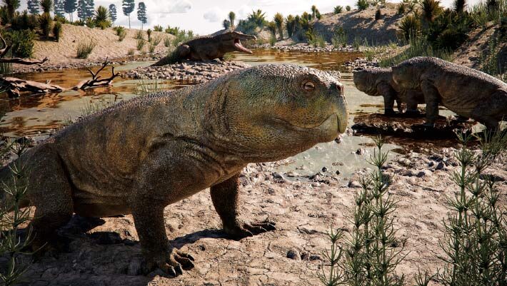 An artistic representation of a Late Triassic landscape of southern Brazil depicting individuals of Isodapedon varzealis in the foreground and a proterochampsid in the background. Image credit: Caio Fantini.