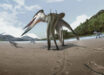 Life reconstruction drawing of Jinjuichnus procerus and tetrapod trackmakers. The neoazhdarchian trackmaker is following the small vertebrate. Image credit: Jun Seung Yi.