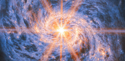 This image of Messier 77 from Webb’s Mid-Infrared Instrument (MIRI) highlights its swirling spiral arms, the dust in its disk and its piercingly bright core like never before. The bright orange lines appearing to radiate out from the galaxy’s center are not actually a feature of the galaxy: they are a type of distortion that arises from the optical design of the telescope. Called diffraction spikes, they are created because the intense light from the unresolved AGN is bent (diffracted) very slightly at the edges of Webb’s hexagonal mirror panels and around one of the struts that hold up its secondary mirror. Image credit: NASA / ESA / CSA / Webb / A. Leroy.