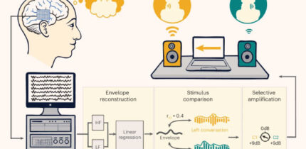 Participants with intracranial electrodes listened to two competing, spatially separated conversations. Their neural signals were recorded and fed into a real-time processing system. The system uses a linear regression model to reconstruct the temporal envelope of the attended speech from low-frequency (LF) and high-gamma (HF) neural features. The reconstructed envelope is then compared to the envelopes of the two conversations to determine the listener’s focus, which in turn drives the selective amplification of the attended speaker. Image credit: Choudhari et al., doi: 10.1038/s41593-026-02281-5.