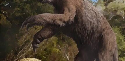 An artist’s interpretation of mammals that lived during the Ice Age: fossils from similar species of an armadillo-like pampathere (bottom left) and giant ground sloth (background) were among those found in a Texas water cave. Image credit: Jaime Chirinos.