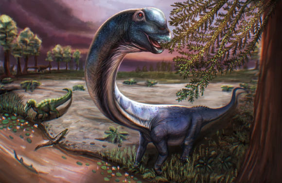 Stylized life reconstruction of Nagatitan chaiyaphumensis within the arid floodplains of Late Early Cretaceous Aptian-Albian Thailand. Image credit: Patchanop Boonsai.