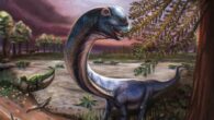 Stylized life reconstruction of Nagatitan chaiyaphumensis within the arid floodplains of Late Early Cretaceous Aptian-Albian Thailand. Image credit: Patchanop Boonsai.