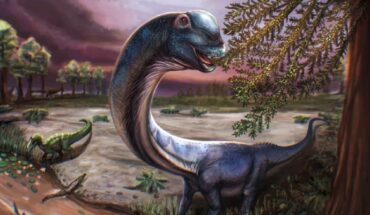 Stylized life reconstruction of Nagatitan chaiyaphumensis within the arid floodplains of Late Early Cretaceous Aptian-Albian Thailand. Image credit: Patchanop Boonsai.
