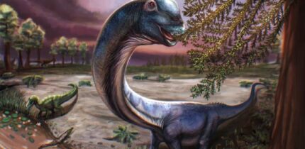 Stylized life reconstruction of Nagatitan chaiyaphumensis within the arid floodplains of Late Early Cretaceous Aptian-Albian Thailand. Image credit: Patchanop Boonsai.