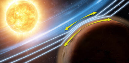 An artistic representation of the Zwan-Wolf effect at Mars, as observed by NASA’s MAVEN mission. Image credit: LASP / CU Boulder.