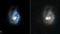The superluminous supernova SN 2017egm was discovered by ESA’s Gaia mission on May 23, 2017; it exploded in a massive barred spiral galaxy known as NGC 3191, shown on the left before the eruption; the image at right, taken on July 1, 2017, shows the supernova outshining the entire galaxy. Image credit: SDSS / PS1 / NOT+ALFSOC / Bose et al.