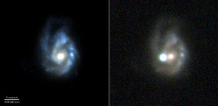 The superluminous supernova SN 2017egm was discovered by ESA’s Gaia mission on May 23, 2017; it exploded in a massive barred spiral galaxy known as NGC 3191, shown on the left before the eruption; the image at right, taken on July 1, 2017, shows the supernova outshining the entire galaxy. Image credit: SDSS / PS1 / NOT+ALFSOC / Bose et al.
