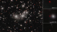 This Webb/NIRCam image shows the little red dot Abell2744-QSO1, magnified and triply imaged by galaxy cluster Abell 2744. Image credit: NASA / ESA / CSA / Lukas Furtak, Ben-Gurion University / Alyssa Pagan, STScI.