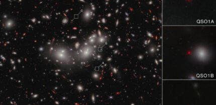 This Webb/NIRCam image shows the little red dot Abell2744-QSO1, magnified and triply imaged by galaxy cluster Abell 2744. Image credit: NASA / ESA / CSA / Lukas Furtak, Ben-Gurion University / Alyssa Pagan, STScI.
