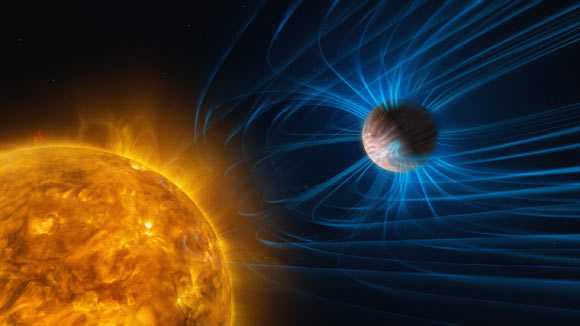 This illustration shows magnetic activity in an ultra-hot Jupiter. Image credit: ESO / M. Kornmesser / L. Calçada.