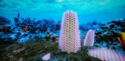 Reconstruction of the Early Cambrian seafloor, depicting colonies of Protomelission gatehousei and Dayingomelission hexaclitia living among archaeocyath reefs in shallow seas approximately 520 million years ago. Image credit: Zhifei Zhang.