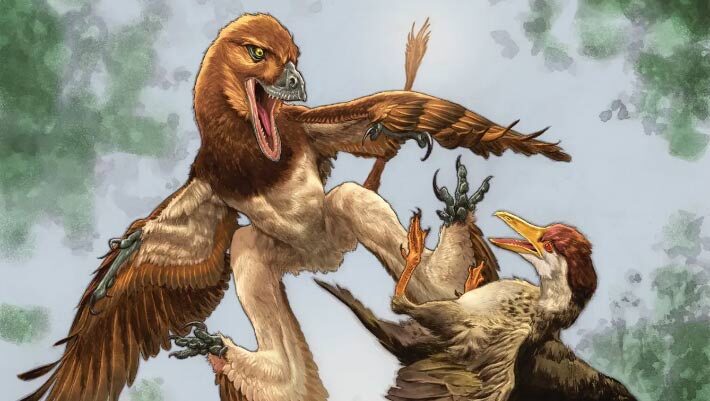 Jian changmaensis (left) attacks the early bird Gansus yumenensis (right) in what is now the Changma Basin of northwestern China approximately 120 million years ago. Image credit: Lewis LaRosa / Jão Canola.