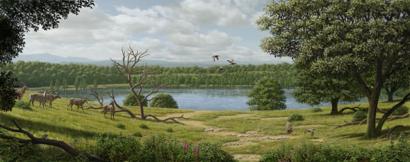 Paleoartistic reconstruction of the environment in the surrounding of Camp dels Ninots maar lake during the Early Pliocene. Image credit: Mauricio Antón.