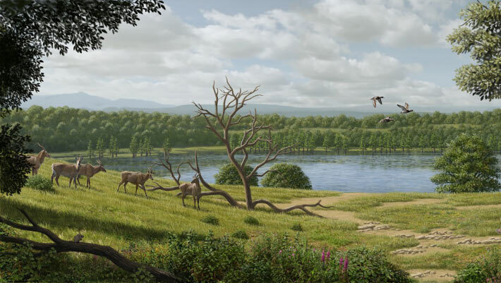 Paleoartistic reconstruction of the environment in the surrounding of Camp dels Ninots maar lake during the Early Pliocene. Image credit: Mauricio Antón.