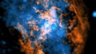 This image shows the evidence for the wind blowing away from Sagittarius A*: the white dot in the center of the image shows the supermassive black hole; in orange is data from ALMA, mapping the location of cold gas composed of carbon monoxide in the image; in blue is X-ray data from Chandra; a large cone-shaped cavity, visible as an absence of cold gas in the ALMA data, is filled by hot X-ray-emitting gas in the Chandra data. Image credit: NASA / CXC / UMass / Wang et al. / ALMA / ESO / NAOJ / NRAO / Longmore et al. / Minniti et al.