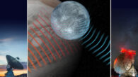 This artist’s impression shows radar waves from NASA’s Goldstone Solar System Radar pinging Europa; the radar waves penetrate Europa’s icy surface before bouncing back to be collected by NSF’s Green Bank Telescope on Earth. Image credit: NSF / AUI / NSF’s NRAO / P.Vosteen.