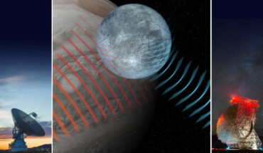 This artist’s impression shows radar waves from NASA’s Goldstone Solar System Radar pinging Europa; the radar waves penetrate Europa’s icy surface before bouncing back to be collected by NSF’s Green Bank Telescope on Earth. Image credit: NSF / AUI / NSF’s NRAO / P.Vosteen.