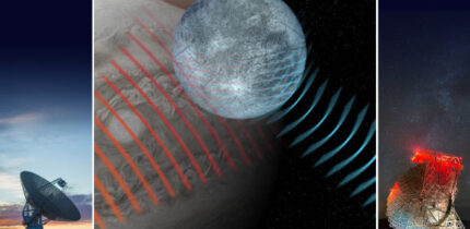 This artist’s impression shows radar waves from NASA’s Goldstone Solar System Radar pinging Europa; the radar waves penetrate Europa’s icy surface before bouncing back to be collected by NSF’s Green Bank Telescope on Earth. Image credit: NSF / AUI / NSF’s NRAO / P.Vosteen.