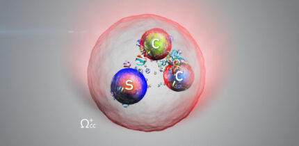An artist’s impression of the doubly charmed Ωcc⁺ baryon. Image credit: Daniel Dominguez / CERN.