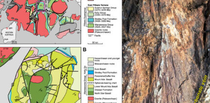 The North Pole Dome crater: (A) simplified map of the East Pilbara Terrane (EPT, Western Australia), showing Paleoarchean granite domes (pink) and greenstone belts (greens and blues); the North Pole Dome (NPD) lies near the terrane center; (B) geological map of the NPD and the shatter-cone field (yellow star); (C) A quartz (Qtz)-carbonate vein cutting shatter-cone lineation. Image credit: Kirkland et al., doi: 10.1130/G54866.1.