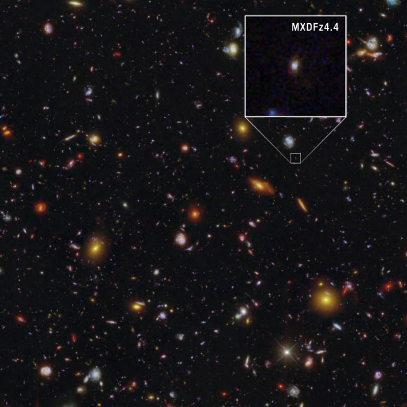Hubble Discovers Ultraviolet Light Emissions from Early Universe's Small Starburst Galaxies 1 Visible-light images from Hubble showcase star bursts that cleared out MXDFz4.4 and its surroundings. Image credits: NASA / ESA / CSA / STScI / Ilias Goovaerts, STScI / Marc Rafelski, STScI & JHU / Anton Koekemoer, STScI / Alyssa Pagan, STScI.
