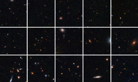 This collage shows 15 of the 31 newly discovered quasars by ESA’s Euclid space telescope. EUCL J172902.75+641018.1 and EUCL J125308.55+705432.3 are visible on the first row, the first and second from the left, respectively. Image credit: ESA / Euclid / Euclid Consortium / NASA / Euclid Science Ground Segment / Antoine Basset, CNES.