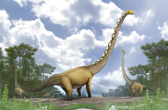 Life reconstruction of a herd of five individuals of Uragasaurus kalasinensis inhabiting a Late Jurassic forest in Thailand, accompanied by a pair of rhamphorhynchoid pterosaurs and a metriacanthosaurid theropod. Image credit: Pakorn Chotchaiyaporn.