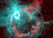 Extended Orion nebula shell sampled by HI emission from the combined VLA and FAST observations (shown in red), Hα emission from the European Southern Observatory Digitized Sky Survey (shown in green), and 3.4-μm emission registered by the Wide-field Infrared Survey Explorer (WISE) satellite (shown in blue). Image credit: Juan D. Soler, University of Vienna / NRAO / VLA / NASA / WISE.