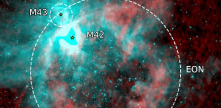 Extended Orion nebula shell sampled by HI emission from the combined VLA and FAST observations (shown in red), Hα emission from the European Southern Observatory Digitized Sky Survey (shown in green), and 3.4-μm emission registered by the Wide-field Infrared Survey Explorer (WISE) satellite (shown in blue). Image credit: Juan D. Soler, University of Vienna / NRAO / VLA / NASA / WISE.