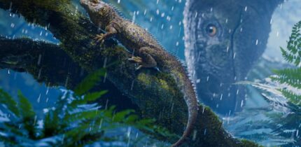 A landscape from the Late Triassic of southern Brazil showing Cargninia enigmatica being observed by the sauropodomorph dinosaur Macrocollum itaquii. Image credit: Marcio L. Castro.