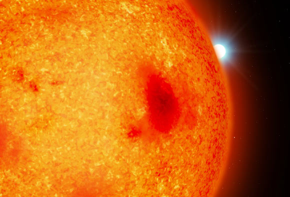 An artist’s impression of a red dwarf with a white dwarf binary companion peeking out from behind. Image credit: Mark A. Garlick / University of Warwick.