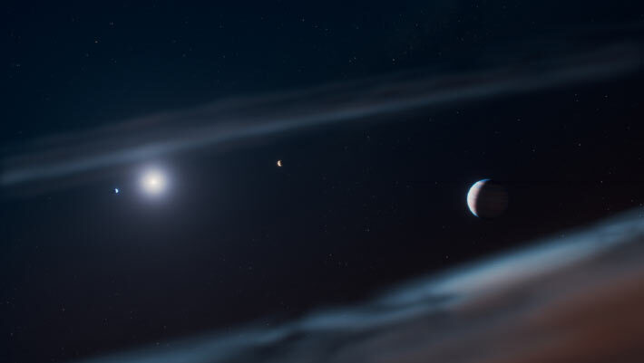 This artist’s concept shows the Beta Pictoris system with the discovered giant exoplanet Beta Pictoris d at the right. Image credit: NASA / ESA / CSA / STScI / Ralf Crawford, STScI.