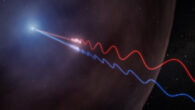 This illustration depicts Faraday rotation in the afterglow of a gamma-ray burst. A powerful jet (upper left) sends polarized radio waves outward through the thin wall of a surrounding bubble of magnetized gas called an HII region. As the light passes through this material, its polarization angle is twisted by the magnetic field. Because the effect is stronger at longer wavelengths, the red and blue waves, which represent different radio wavelengths, exit the bubble oscillating in different directions. By measuring this difference, astronomers were able to map the magnetic environment surrounding GRB 260310A for the first time. Image credit: NSF / AUI / NRAO / M. Weiss