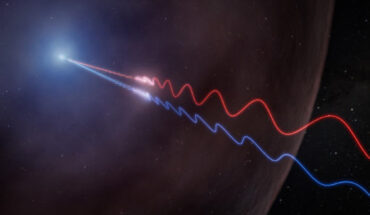 This illustration depicts Faraday rotation in the afterglow of a gamma-ray burst. A powerful jet (upper left) sends polarized radio waves outward through the thin wall of a surrounding bubble of magnetized gas called an HII region. As the light passes through this material, its polarization angle is twisted by the magnetic field. Because the effect is stronger at longer wavelengths, the red and blue waves, which represent different radio wavelengths, exit the bubble oscillating in different directions. By measuring this difference, astronomers were able to map the magnetic environment surrounding GRB 260310A for the first time. Image credit: NSF / AUI / NRAO / M. Weiss