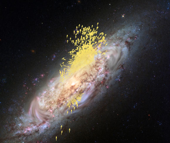 Supercomputer simulations of the Milky Way show that galaxies with slowly rotating stellar halos likely experienced significant disk flips, changing orientation by over 90 degrees. Image credit: Batrakov et al.