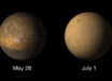 These images from Mars Color Imager (MARCI) aboard NASA’s Mars Reconnaissance Orbiter (MRO) show Mars before (left) and during (right) the June 2018 dust storm. Image credit: NASA / JPL-Caltech / University of Arizona.