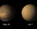 These images from Mars Color Imager (MARCI) aboard NASA’s Mars Reconnaissance Orbiter (MRO) show Mars before (left) and during (right) the June 2018 dust storm. Image credit: NASA / JPL-Caltech / University of Arizona.