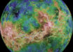 This hemispheric view of Venus was created using radar observations, including images from NASA’s Magellan spacecraft. Magellan imaged more than 98% of Venus. Gaps in the Magellan coverage were filled with images from the Earth-based Arecibo radar. The composite image was processed to improve contrast and to emphasize small features, and was color-coded to represent elevation. Magellan launched on May 4, 1989, and was deployed from the cargo bay of Space Shuttle Atlantis on May 5, 1989. The spacecraft orbited Venus from August 10, 1990, until October 13, 1994 when the spacecraft was commanded to plunge into the atmosphere of Venus. Image credit: NASA / JPL-Caltech / USGS.