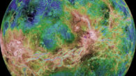 This hemispheric view of Venus was created using radar observations, including images from NASA’s Magellan spacecraft. Magellan imaged more than 98% of Venus. Gaps in the Magellan coverage were filled with images from the Earth-based Arecibo radar. The composite image was processed to improve contrast and to emphasize small features, and was color-coded to represent elevation. Magellan launched on May 4, 1989, and was deployed from the cargo bay of Space Shuttle Atlantis on May 5, 1989. The spacecraft orbited Venus from August 10, 1990, until October 13, 1994 when the spacecraft was commanded to plunge into the atmosphere of Venus. Image credit: NASA / JPL-Caltech / USGS.
