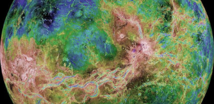 This hemispheric view of Venus was created using radar observations, including images from NASA’s Magellan spacecraft. Magellan imaged more than 98% of Venus. Gaps in the Magellan coverage were filled with images from the Earth-based Arecibo radar. The composite image was processed to improve contrast and to emphasize small features, and was color-coded to represent elevation. Magellan launched on May 4, 1989, and was deployed from the cargo bay of Space Shuttle Atlantis on May 5, 1989. The spacecraft orbited Venus from August 10, 1990, until October 13, 1994 when the spacecraft was commanded to plunge into the atmosphere of Venus. Image credit: NASA / JPL-Caltech / USGS.