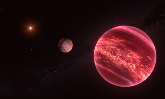 This illustration shows the stellar system CD-35 2722, with the newly found exomoon at the center; the star has about half the mass of our Sun, and it is orbited by a brown dwarf, the reddish-brown object seen here in the foreground (right). Image credit: ESO / M. Kornmesser.