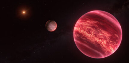 This illustration shows the stellar system CD-35 2722, with the newly found exomoon at the center; the star has about half the mass of our Sun, and it is orbited by a brown dwarf, the reddish-brown object seen here in the foreground (right). Image credit: ESO / M. Kornmesser.