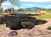 Reconstruction of Spea labreae (center and right) in La Brea Tar Pits compared with Spea hammondii (left), the species currently present in the area, and the presence of the Mexican burrowing toad (bottom). Image credit: Arturo Dávalos.