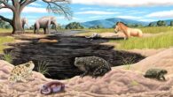 Reconstruction of Spea labreae (center and right) in La Brea Tar Pits compared with Spea hammondii (left), the species currently present in the area, and the presence of the Mexican burrowing toad (bottom). Image credit: Arturo Dávalos.
