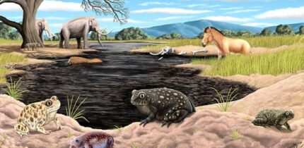 Reconstruction of Spea labreae (center and right) in La Brea Tar Pits compared with Spea hammondii (left), the species currently present in the area, and the presence of the Mexican burrowing toad (bottom). Image credit: Arturo Dávalos.