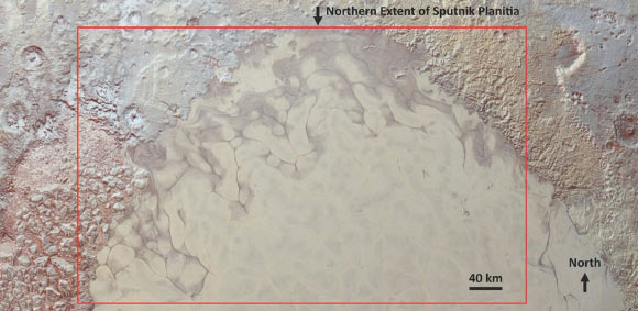Pluto’s northern Sputnik Planitia glacier is shown here in a color mosaic made from NASA’s New Horizons imagery. The red box has been added to show most of the region containing dark features attributed to the wetting of the glacier by liquid nitrogen sourced from a basal melting process beneath the glacier. Image credit: NASA / Johns Hopkins APL / SwRI.
