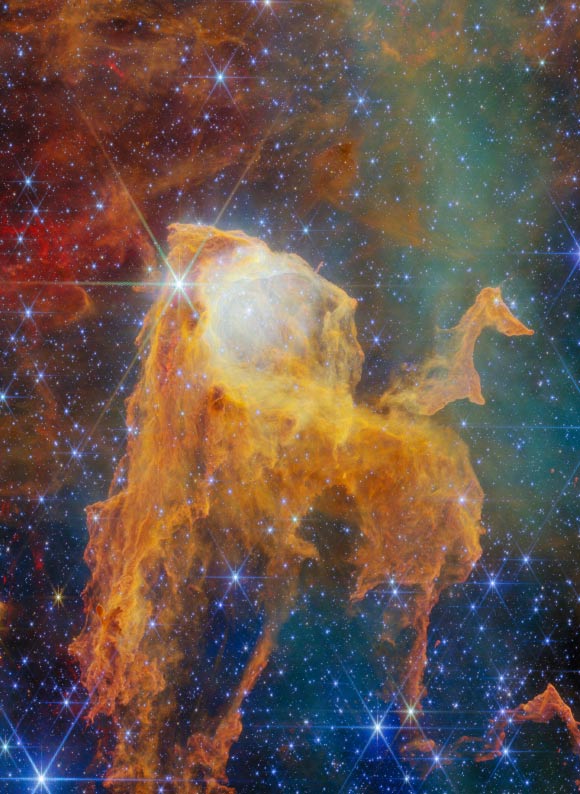 This Webb image shows the Treasure Chest, a cometary globule located within the famous Carina Nebula. Image credit: NASA / ESA / CSA / Webb / M. Reiter / M.H. Özsaraç.