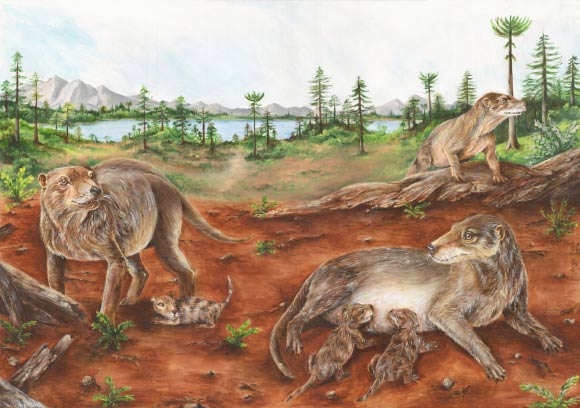 Life reconstruction of a group of Chiniquodon theotonicus individuals, a pregnant female (left) as well as a female (right) breastfeeding few, relatively large neonates. Image credit: María de los Ángeles Miceli Baro.