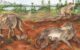 Life reconstruction of a group of Chiniquodon theotonicus individuals, a pregnant female (left) as well as a female (right) breastfeeding few, relatively large neonates. Image credit: María de los Ángeles Miceli Baro.